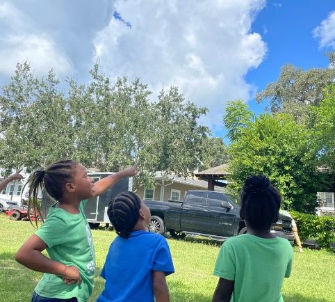 Three children in green and blue T-shirts stand on a lawn looking up at the sky, one pointing, with trees and a truck behind.
