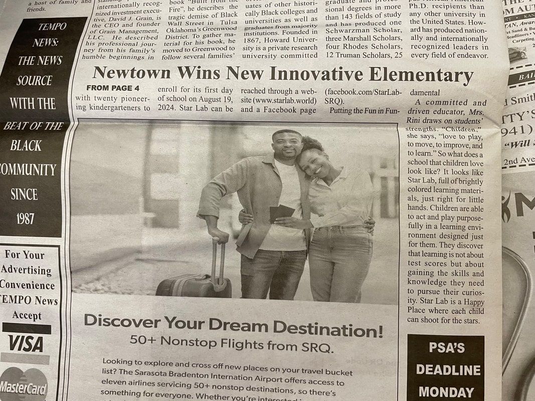 Continuation of the Tempo News article “Newtown Wins New Innovative Elementary,” beside an airport advertisement.