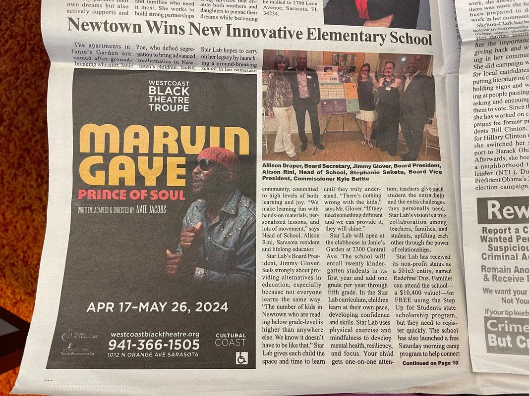 Tempo News page with the article “Newtown Wins New Innovative Elementary School” and a photo of five people standing beside a Star Lab poster board.